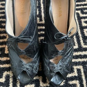 Prada Black Cage Leather Goldtone Zipper Pumps